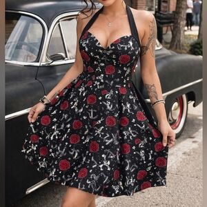 Hell Bunny Vixen Black Halter Dress Red Rose Skull Nautical Print Retro